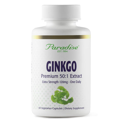 Paradise Herbs Ginkgo Biloba Extract - 50:1 Potent, Vegan, Gluten Free, 60 Capsules