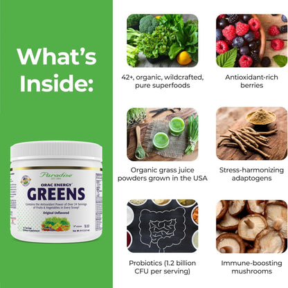 Paradise Herbs ORAC Energy Greens Powder | Antioxidant Power of 24 Fruits & Veggies per Scoop | 15 Servings