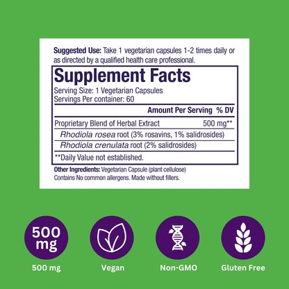 Paradise Herbs Rhodiola Extract 500mg | Ultra Pure, Vegan, Non-GMO, Gluten Free – 60 Vegetarian Capsules
