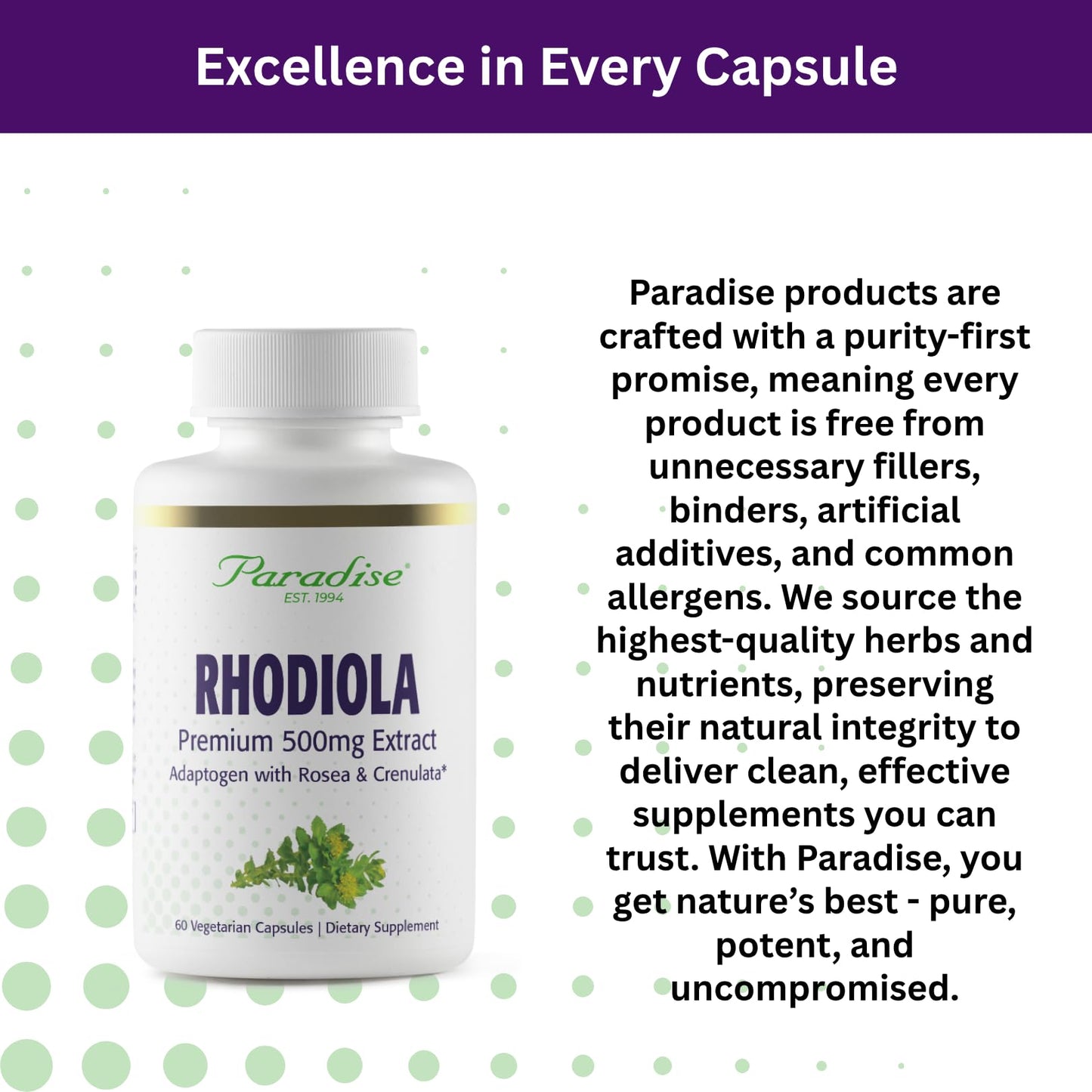 Paradise Herbs Rhodiola Extract 500mg | Ultra Pure, Vegan, Non-GMO, Gluten Free – 60 Vegetarian Capsules