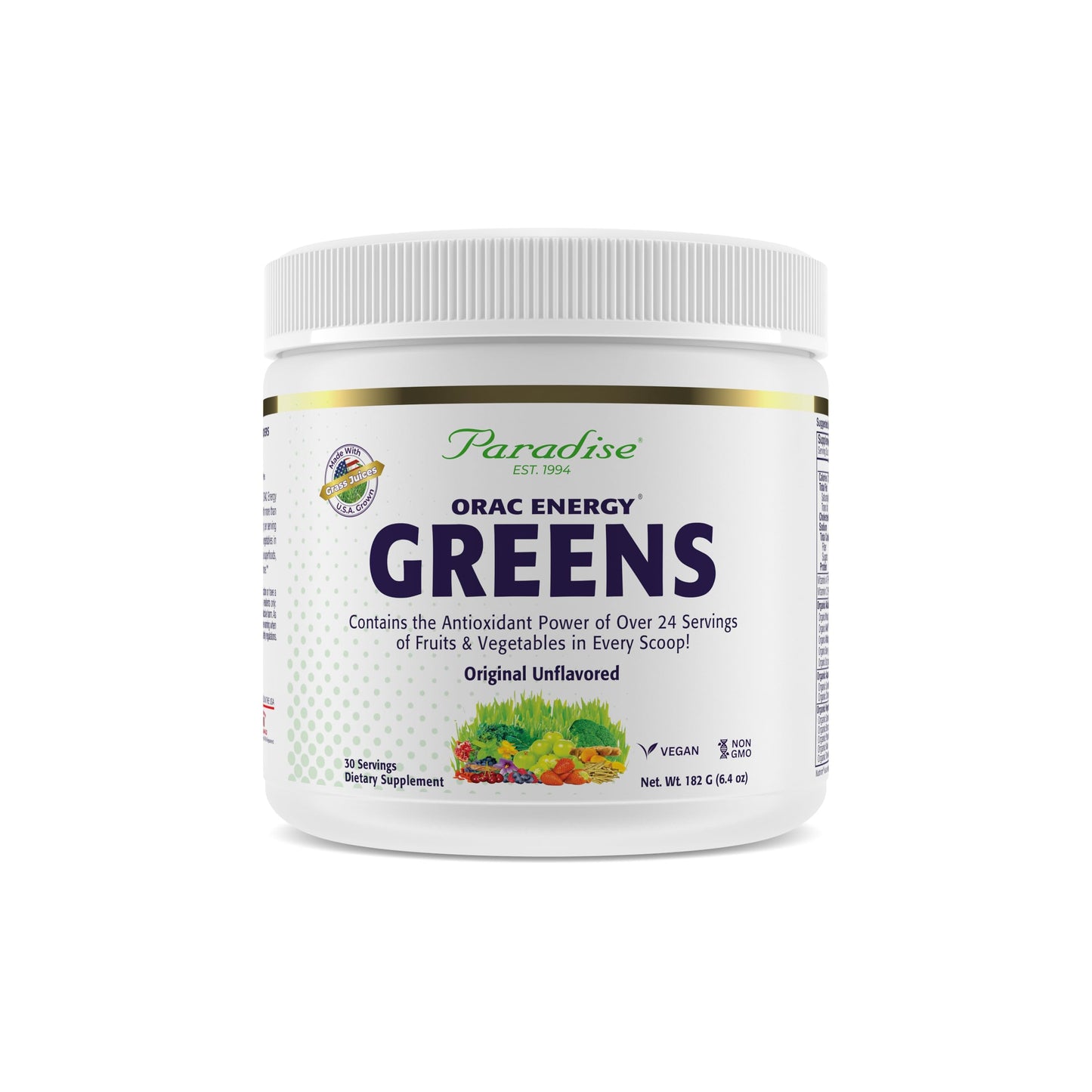Paradise, ORAC Energy Greens Powder Extract, Super Antioxidants, Probiotics for Gut Health & Digestion, Vitamin C for Immunity, with Spirulina & Chlorella, Non-GMO, Gluten Free, 30 Servings