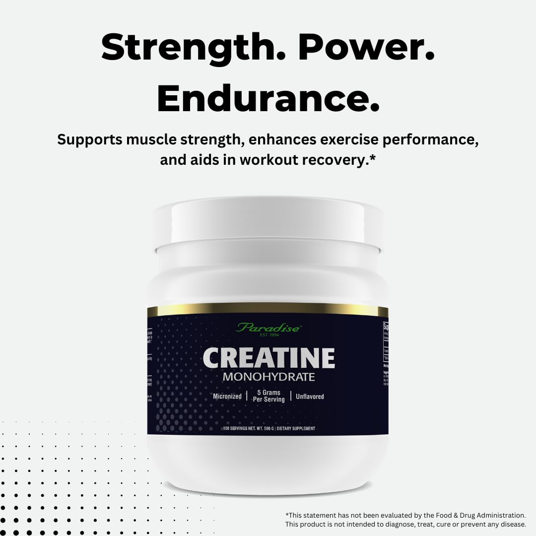 Paradise Creatine Monohydrate Powder – Micronized for Enhanced Absorption, 500g, 100 Servings