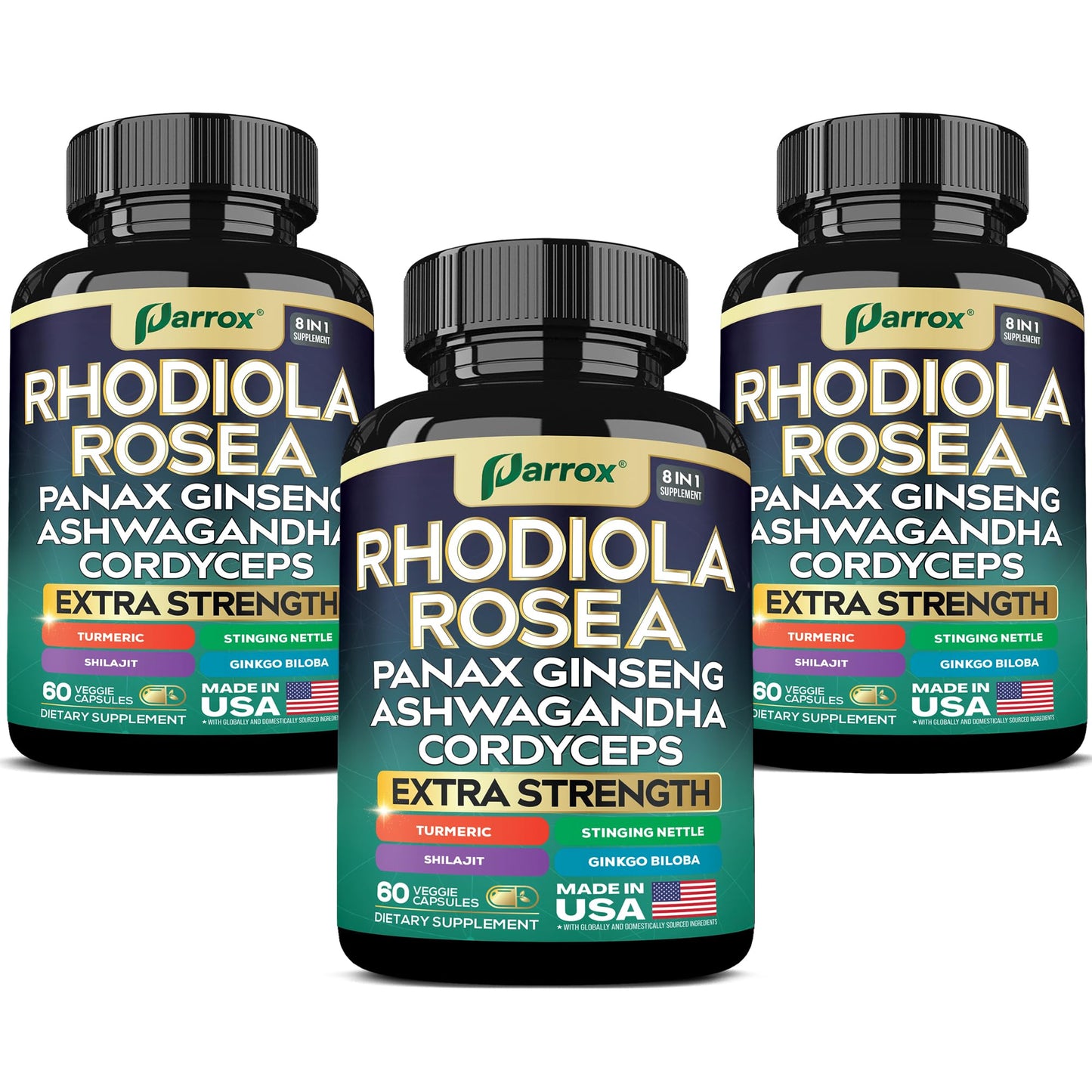 Parrox 8-in-1 Adaptogen Blend Capsules – Rhodiola, Ginseng, Ashwagandha, Turmeric | 3 Pack