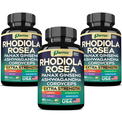 Parrox 8-in-1 Adaptogen Blend Capsules – Rhodiola, Ginseng, Ashwagandha, Turmeric | 3 Pack