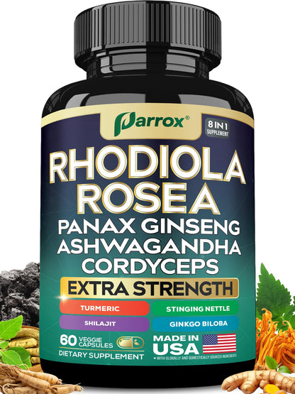 Parrox 8-in-1 Adaptogen Blend Capsules – Rhodiola Rosea, Ginseng, Ashwagandha, Turmeric – 60 Capsules