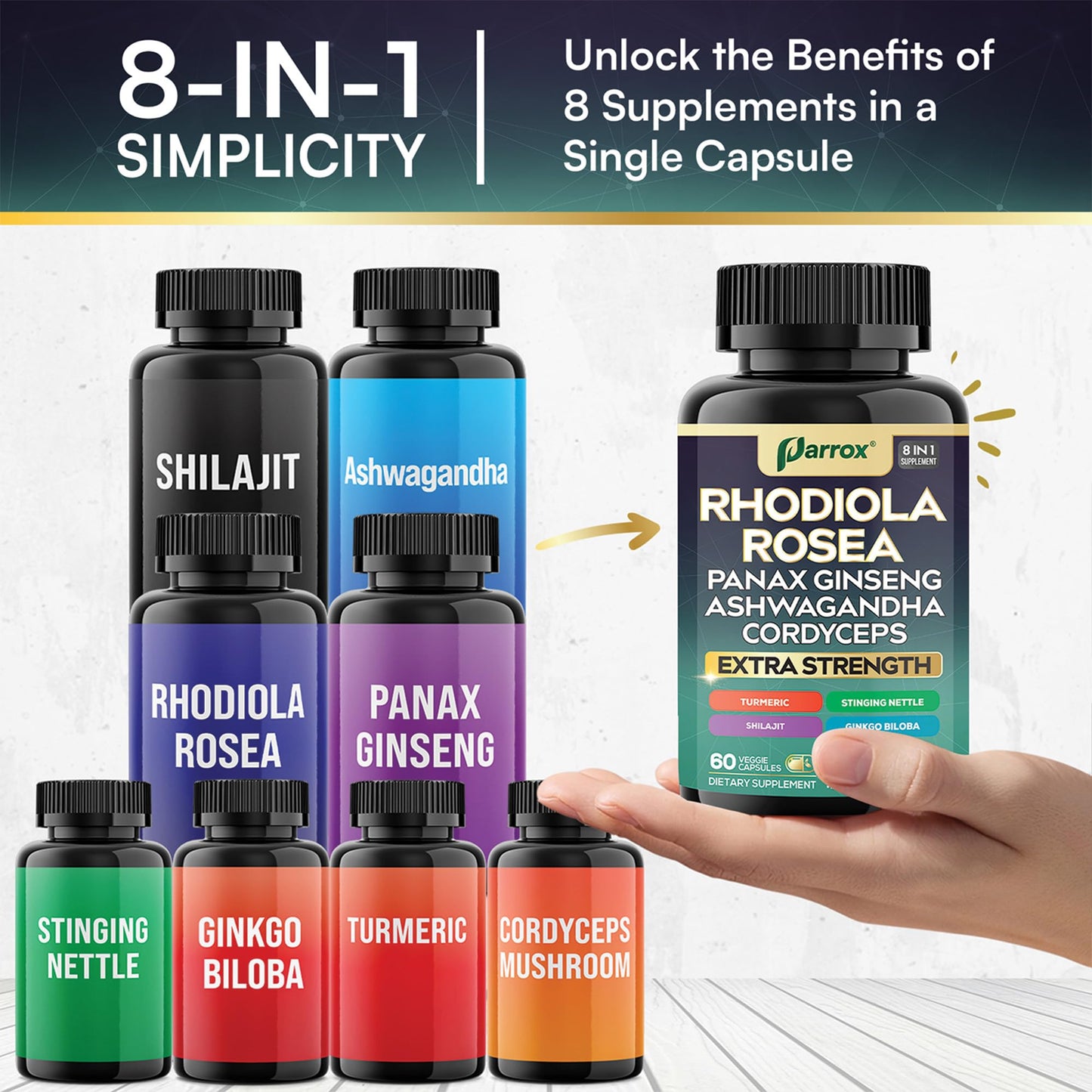Parrox 8-in-1 Adaptogen Blend Capsules – Rhodiola, Ginseng, Ashwagandha, Turmeric | 3 Pack