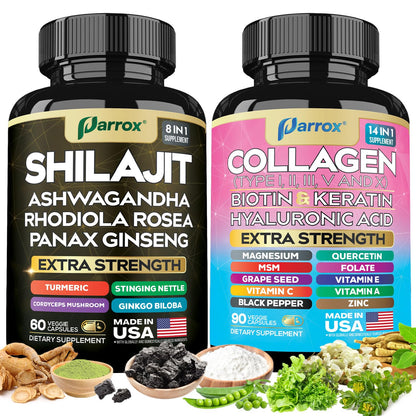 Parrox Adaptogen & Beauty Bundle – Rhodiola, Panax Ginseng, Ashwagandha, Cordyceps, Turmeric, Collagen, Biotin, Keratin, MSM, Hyaluronic Acid, Zinc, Quercetin, Vitamin C, A & E, Folate, Magnesium