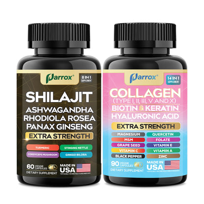 Parrox Adaptogen & Beauty Bundle – Rhodiola, Panax Ginseng, Ashwagandha, Cordyceps, Turmeric, Collagen, Biotin, Keratin, MSM, Hyaluronic Acid, Zinc, Quercetin, Vitamin C, A & E, Folate, Magnesium