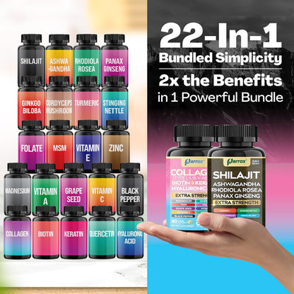 Parrox Adaptogen & Beauty Bundle – Rhodiola, Panax Ginseng, Ashwagandha, Cordyceps, Turmeric, Collagen, Biotin, Keratin, MSM, Hyaluronic Acid, Zinc, Quercetin, Vitamin C, A & E, Folate, Magnesium