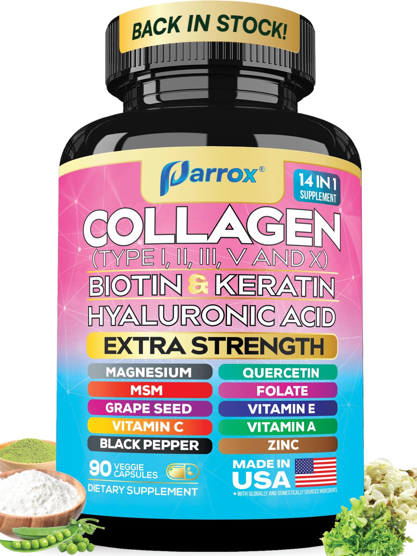 Parrox Collagen Capsules 14-in-1: Types I–X, Biotin, Keratin & Hyaluronic Acid (90 Capsules)