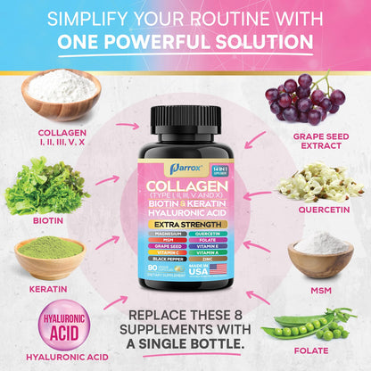 Parrox Collagen Capsules 14-in-1: Types I–X, Biotin, Keratin & Hyaluronic Acid (90 Capsules)