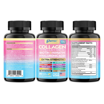 Parrox Collagen Capsules 14-in-1: Types I–X, Biotin, Keratin & Hyaluronic Acid (90 Capsules)