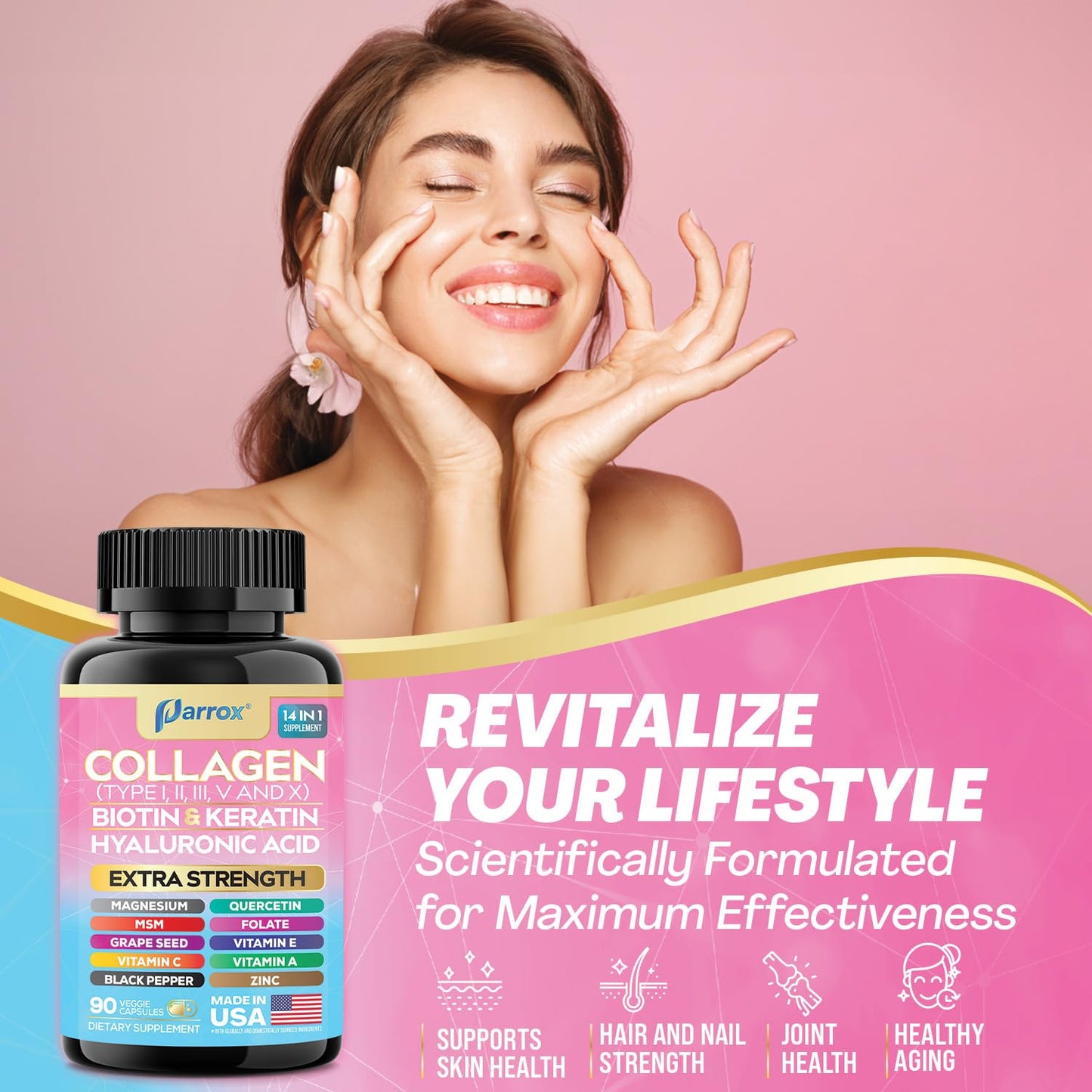 Parrox Collagen Capsules 14-in-1: Types I–X, Biotin, Keratin & Hyaluronic Acid (90 Capsules)