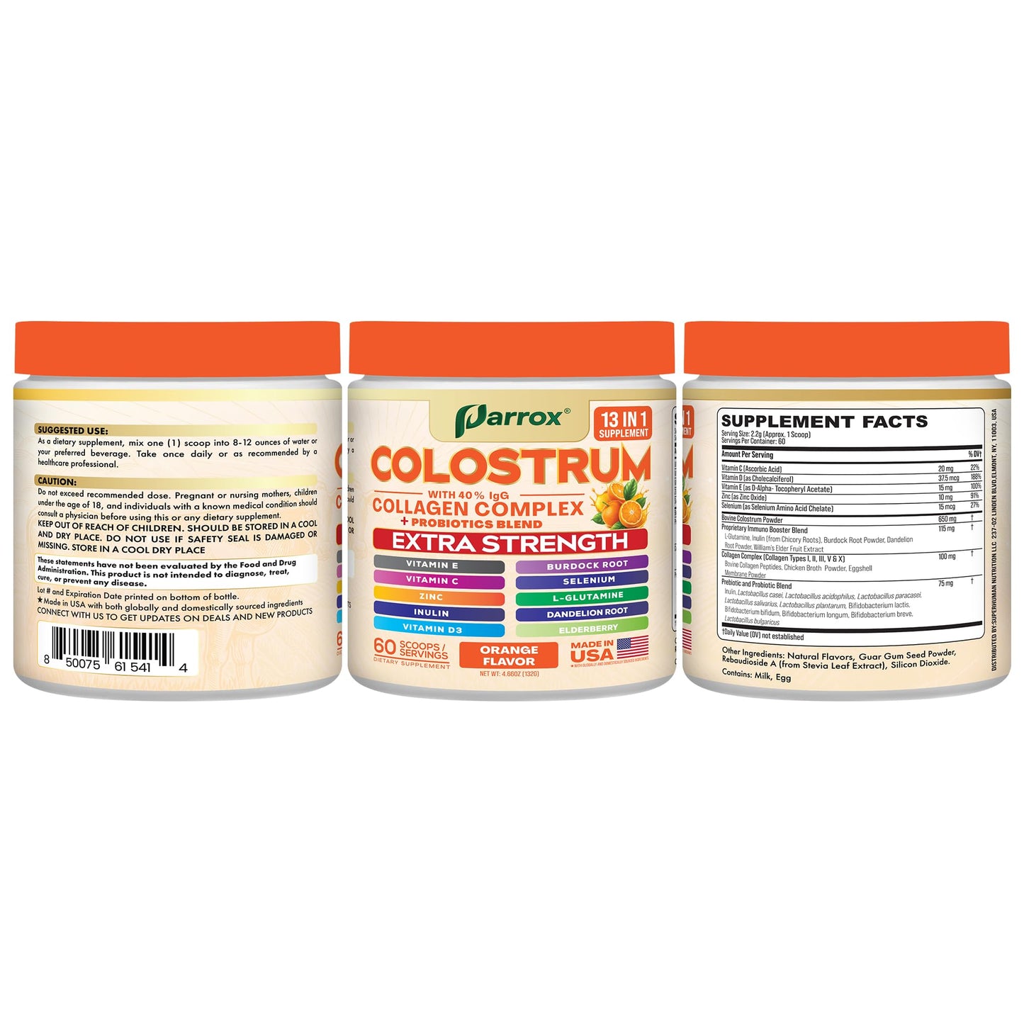 Parrox Colostrum Powder – Orange Flavor, 60 Servings, 40% IgG, Probiotics & Collagen