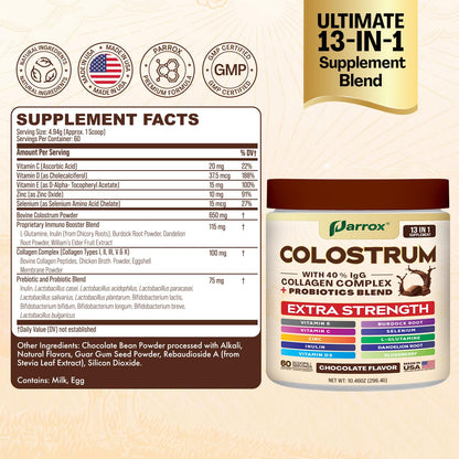 Parrox Colostrum Powder 40% IgG – 60 Servings (Chocolate) | Probiotics, Collagen & Vitamins