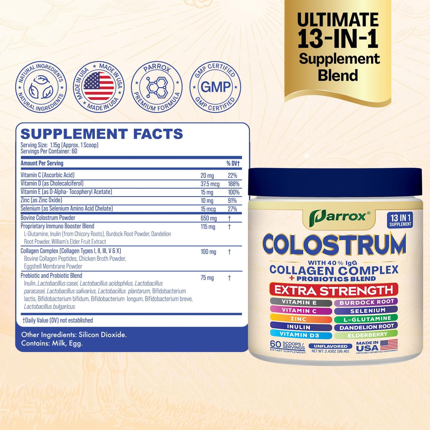 Parrox Colostrum Powder 40% IgG - 60 Servings, Unflavored