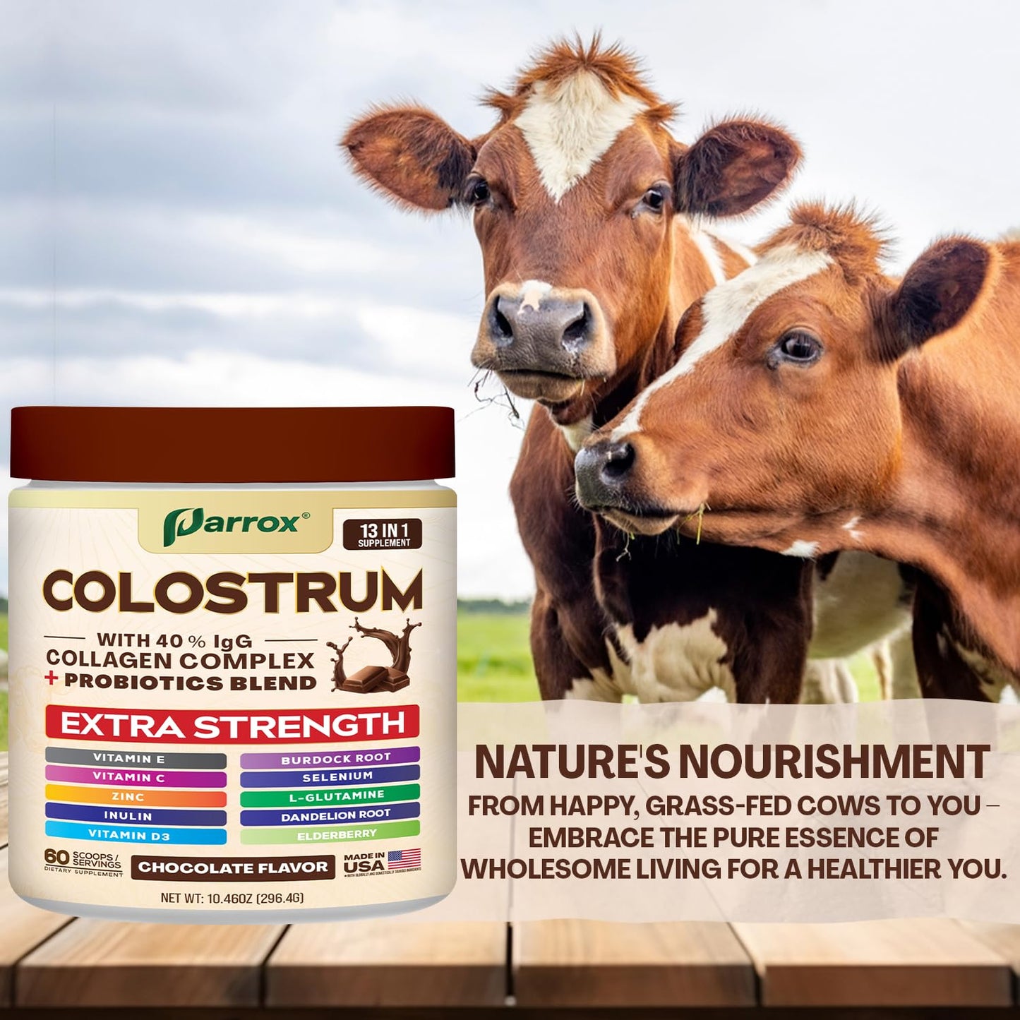 Parrox Colostrum Powder 40% IgG – 60 Servings (Chocolate) | Probiotics, Collagen & Vitamins