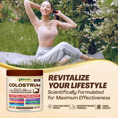 Parrox Colostrum Powder 40% IgG – 60 Servings (Chocolate) | Probiotics, Collagen & Vitamins