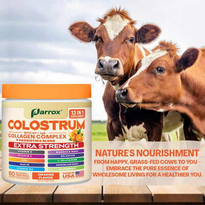 Parrox Colostrum Powder – Orange Flavor, 60 Servings, 40% IgG, Probiotics & Collagen