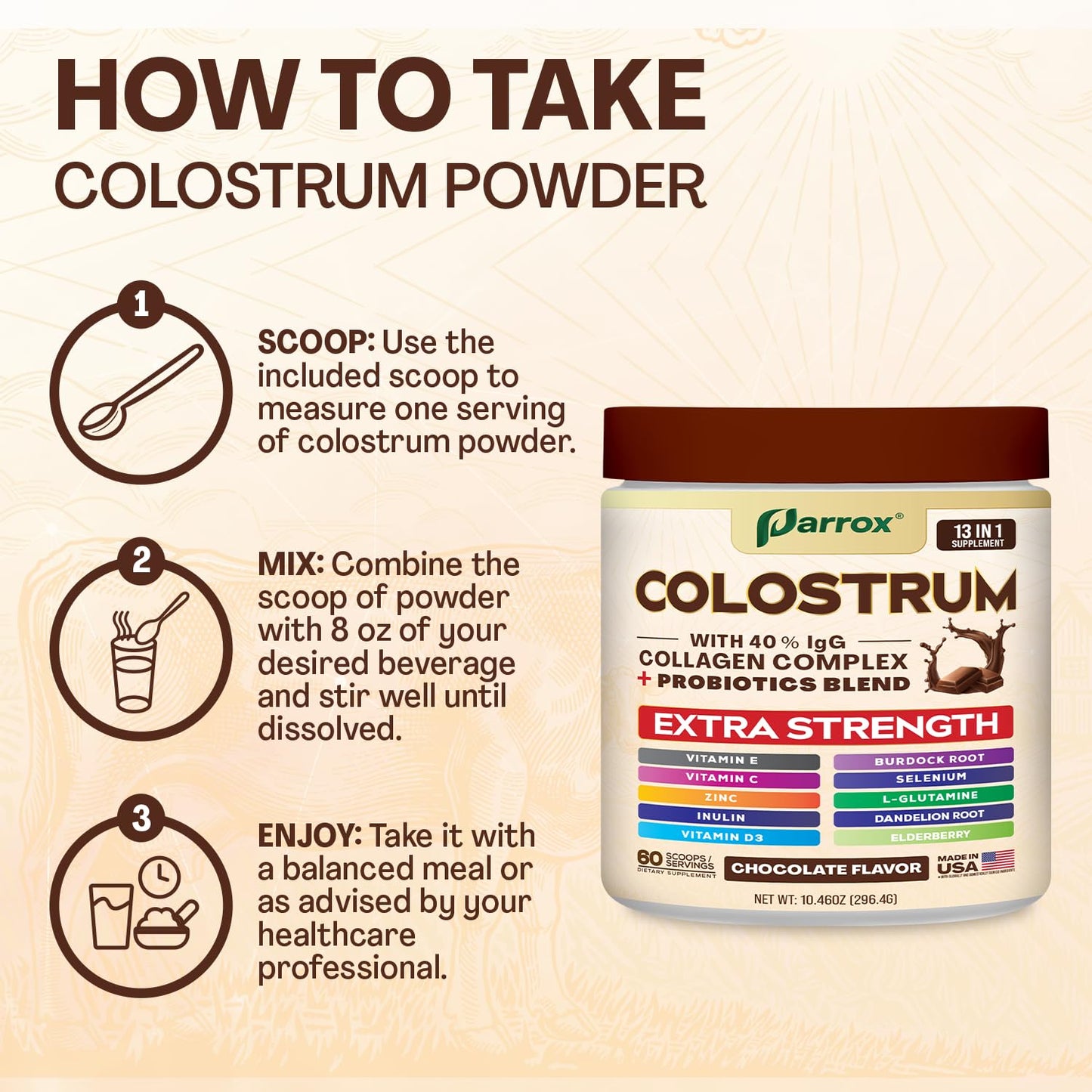 Parrox Colostrum Powder 40% IgG – 60 Servings (Chocolate) | Probiotics, Collagen & Vitamins