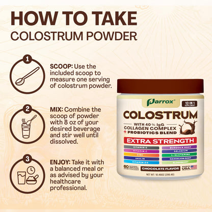 Parrox Colostrum Powder 40% IgG – 60 Servings (Chocolate) | Probiotics, Collagen & Vitamins