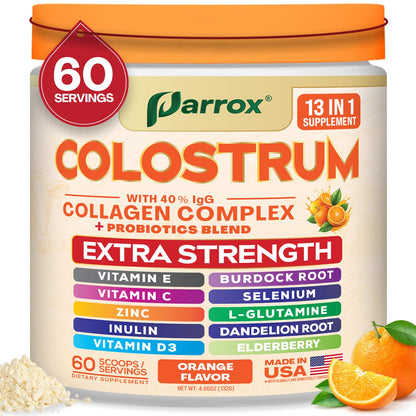 Parrox Colostrum Powder – Orange Flavor, 60 Servings, 40% IgG, Probiotics & Collagen