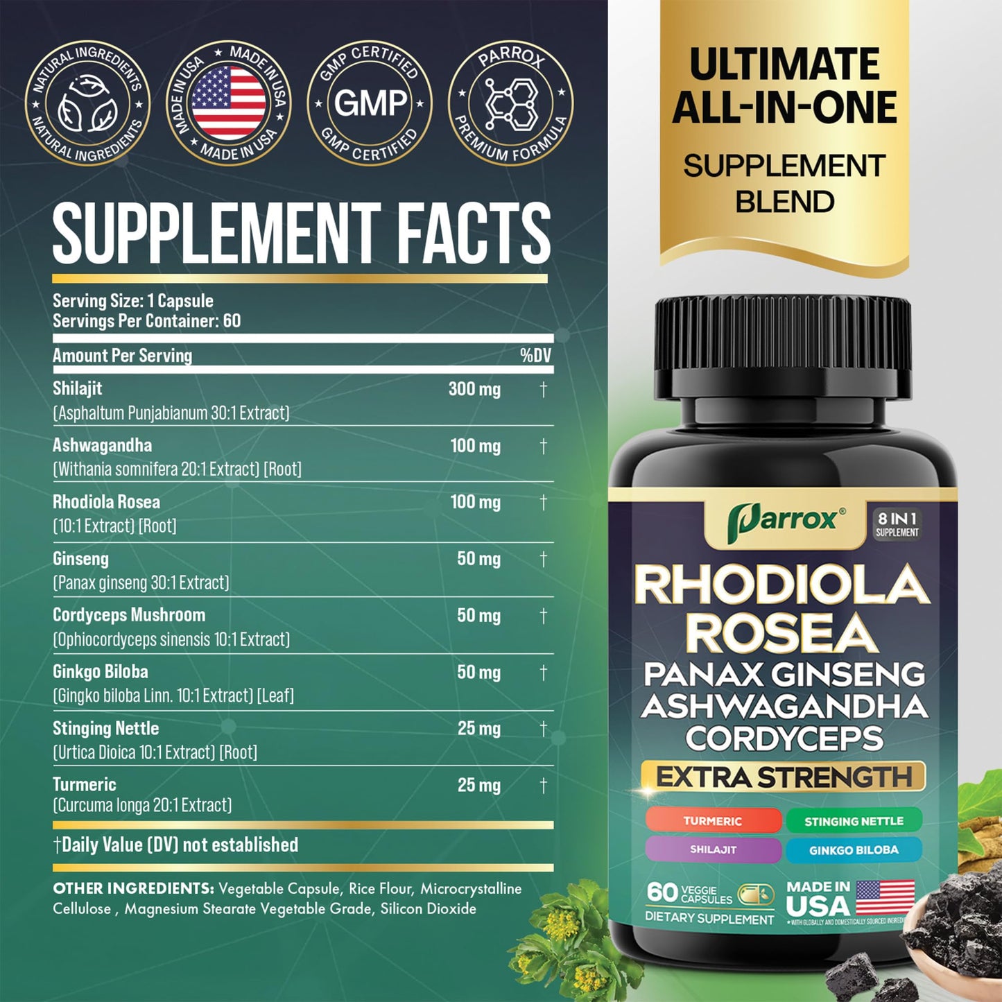 Parrox 8-in-1 Adaptogen Blend Capsules – Rhodiola Rosea, Ginseng, Ashwagandha, Turmeric – 60 Capsules