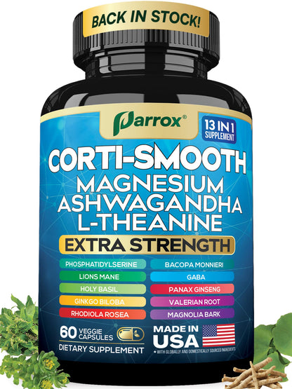 Parrox Corti-Smooth Cortisol Support Supplement (60 Caps) – Magnesium, L-Theanine, Ashwagandha