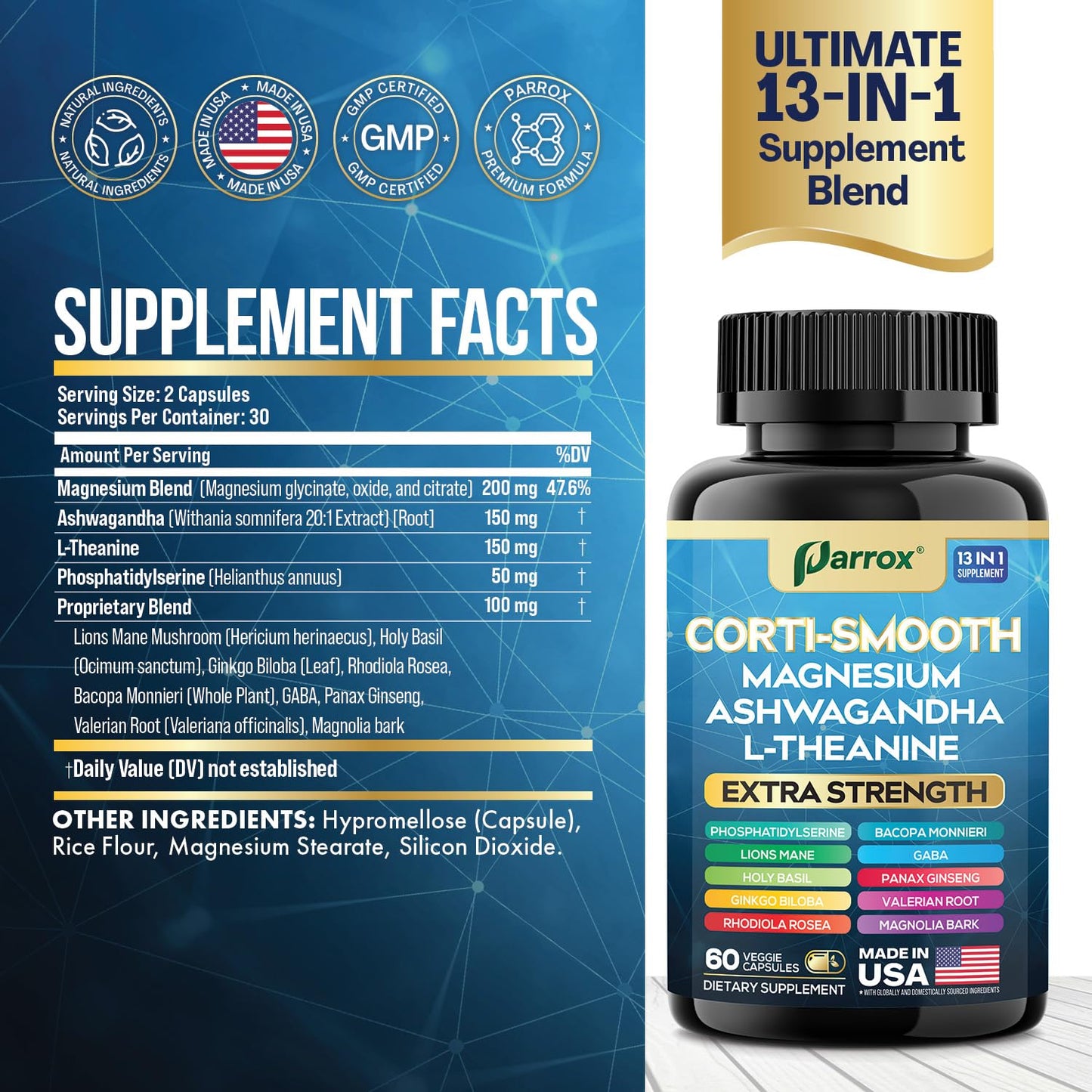Parrox Corti-Smooth Cortisol Support Supplement (60 Caps) – Magnesium, L-Theanine, Ashwagandha