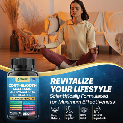 Parrox Corti-Smooth Cortisol Support Supplement (60 Caps) – Magnesium, L-Theanine, Ashwagandha