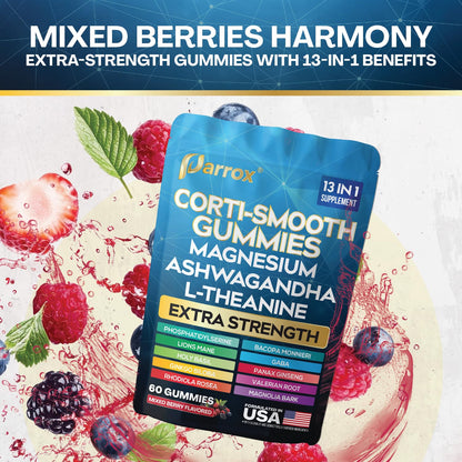 Parrox Corti-Smooth Gummies – Cortisol Support with Magnesium & Adaptogens | 60 Mixed Berry Gummies
