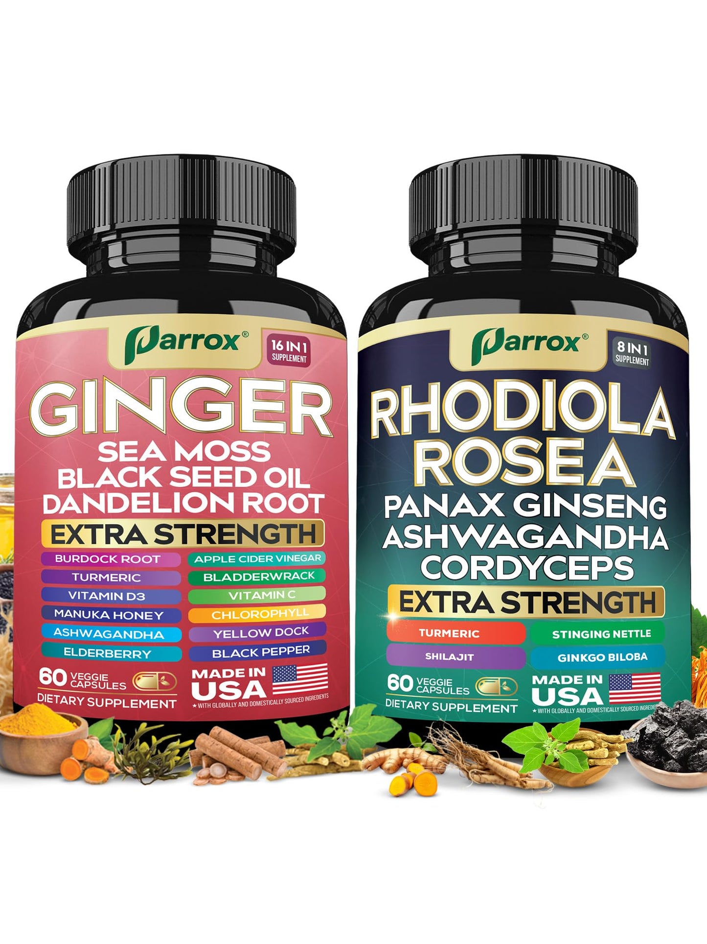 Parrox Dynamic Duo Herbal Bundle – Ginger & Rhodiola (60 Caps Each)