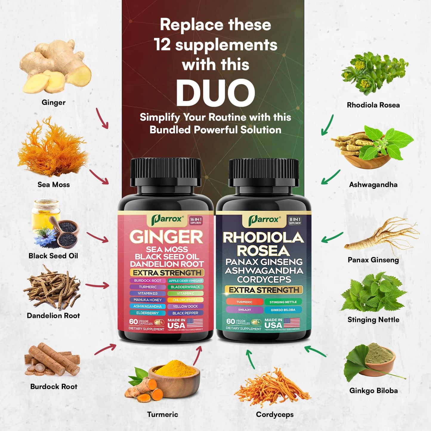 Parrox Dynamic Duo Herbal Bundle: Ginger & Rhodiola 2-Pack