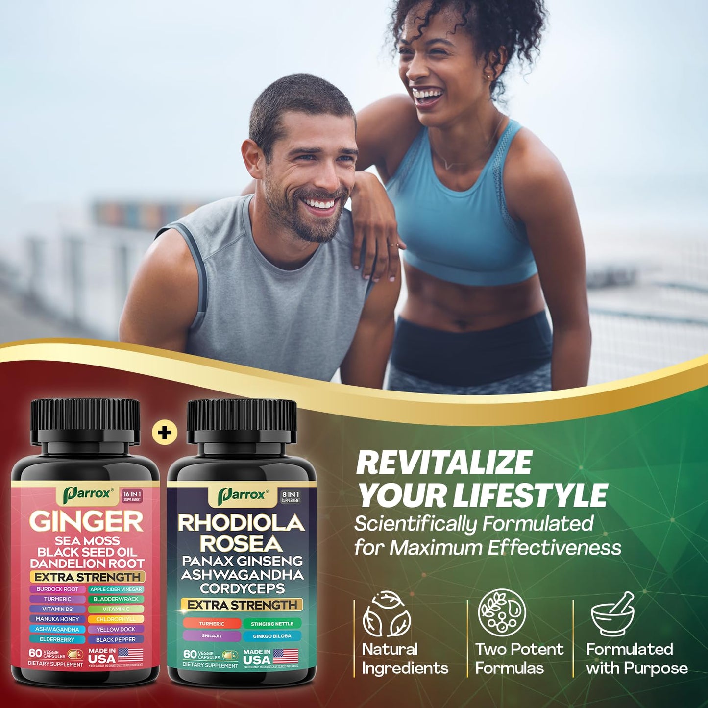 Parrox Dynamic Duo Herbal Bundle – Ginger & Rhodiola Capsules (3 Pack)