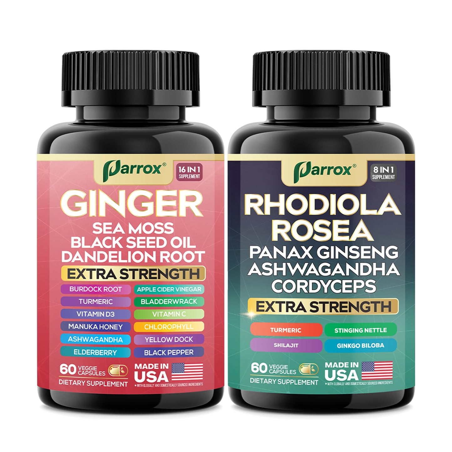 Parrox Dynamic Duo Herbal Bundle – Ginger & Rhodiola Capsules (3 Pack)