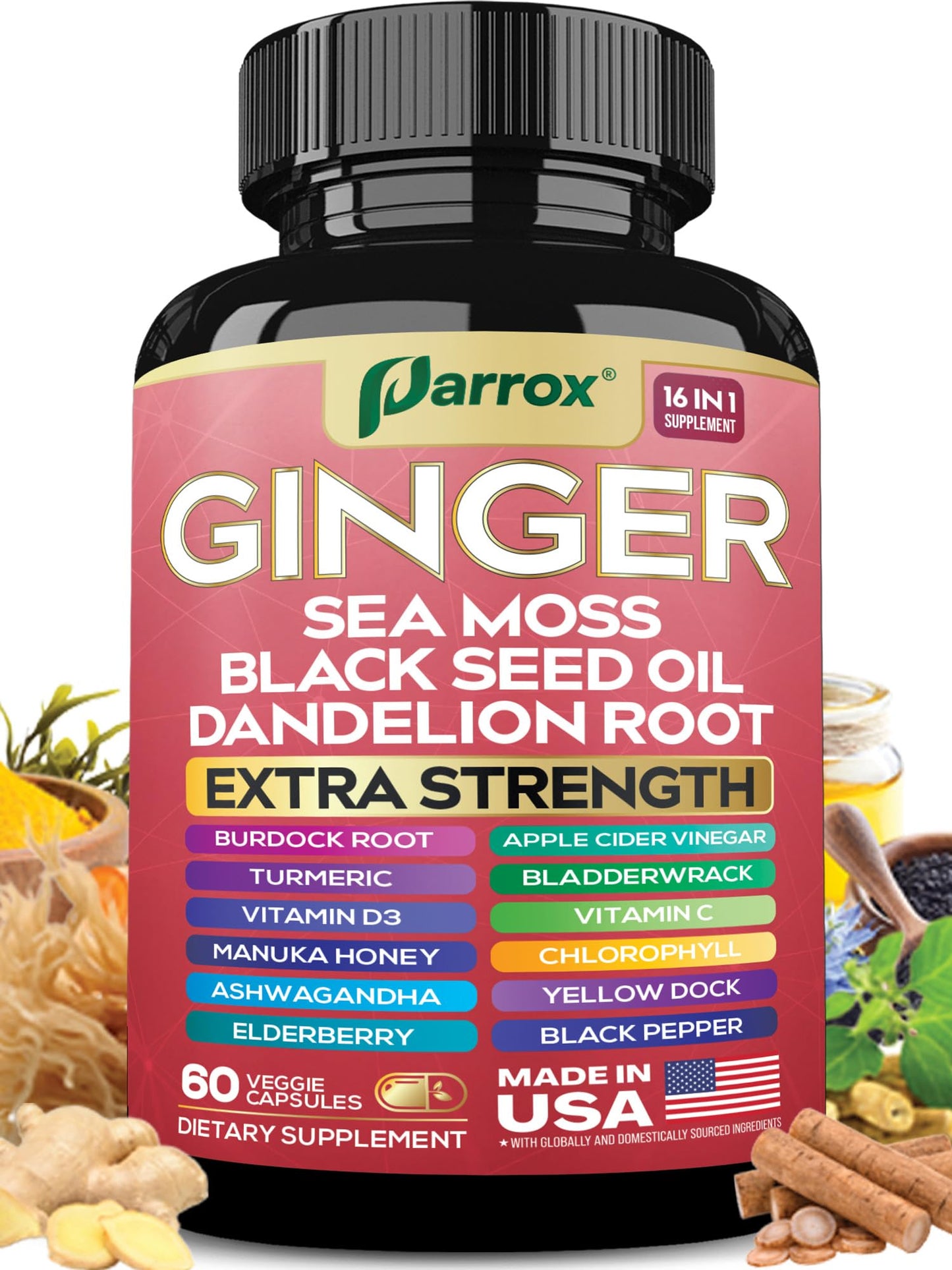 Parrox Ginger 16-in-1: Ginger, Turmeric, Sea Moss, Black Seed Oil – 60 Capsules