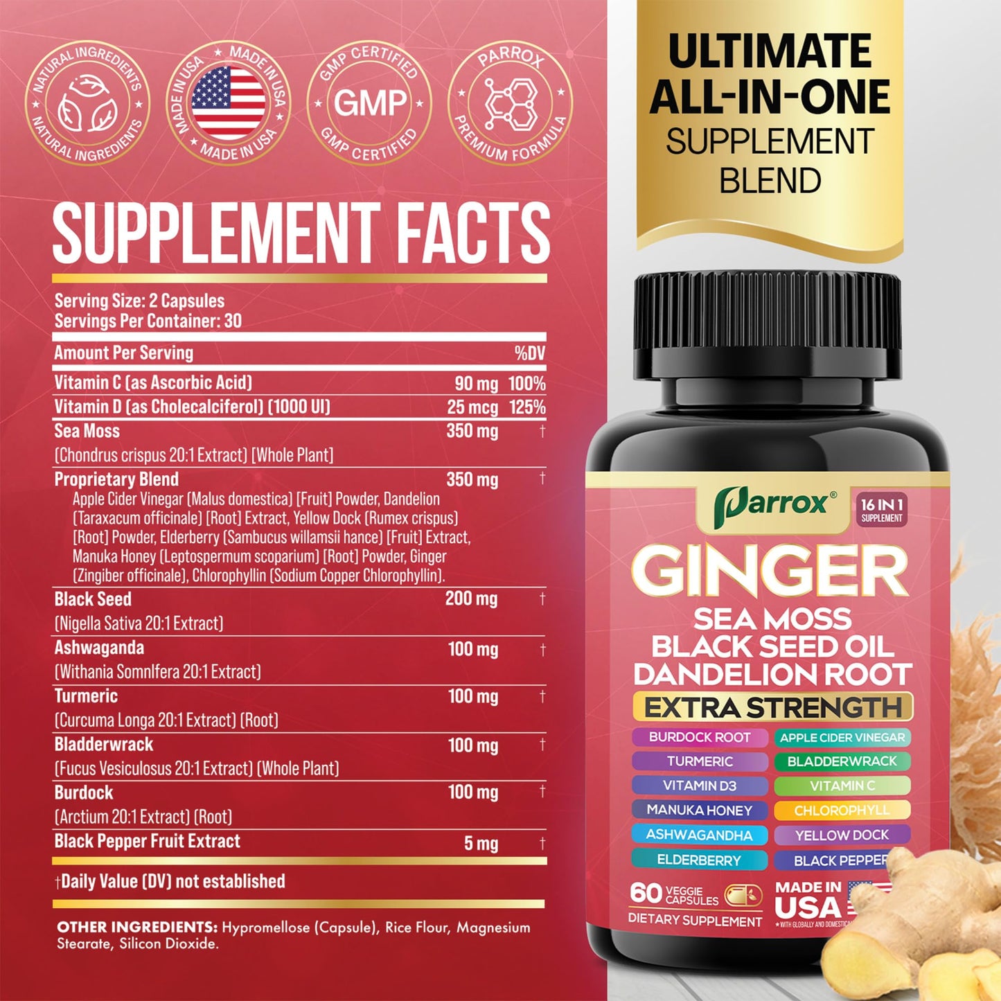 Parrox Ginger 16-in-1: Ginger, Turmeric, Sea Moss, Black Seed Oil – 60 Capsules
