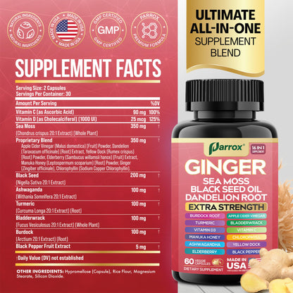 Parrox Ginger 16-in-1: Ginger, Turmeric, Sea Moss, Black Seed Oil – 60 Capsules