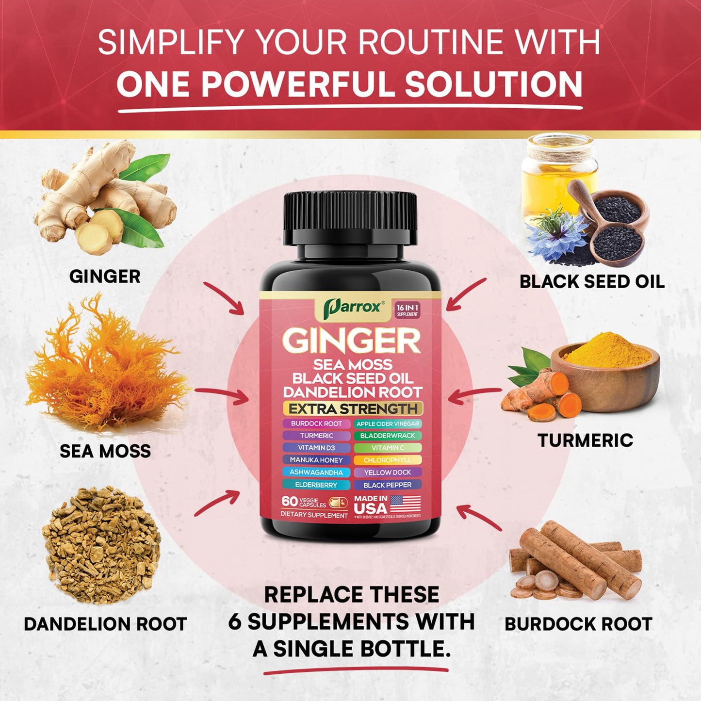 Parrox Ginger 16-in-1: Ginger, Turmeric, Sea Moss, Black Seed Oil – 60 Capsules