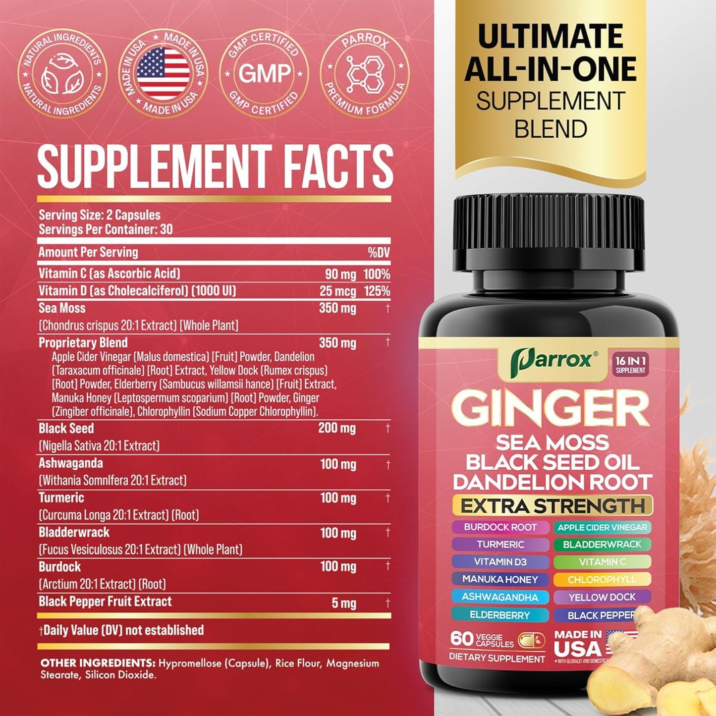Parrox Ginger 16-in-1 Formula – 3 Pack | Ginger, Turmeric, Sea Moss & More