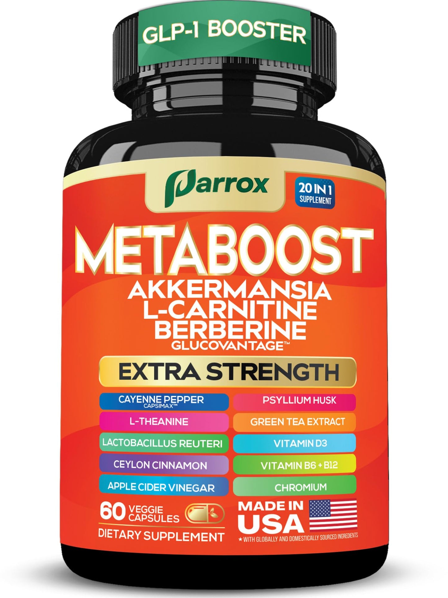 Parrox GLP-1 Booster – 20-in-1 Plant-Based Formula (60 Caps) with Akkermansia & Probiotics