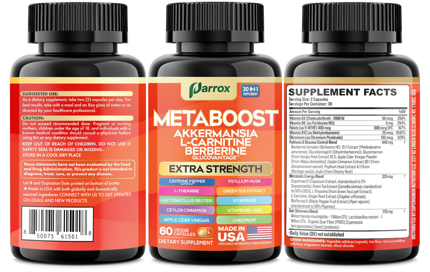 Parrox GLP-1 Booster – 20-in-1 Plant-Based Formula (60 Caps) with Akkermansia & Probiotics