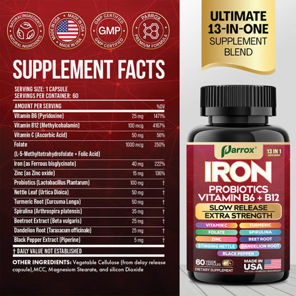Parrox Iron Supplement – Slow-Release Iron & Probiotics, 60 Vegan Capsules