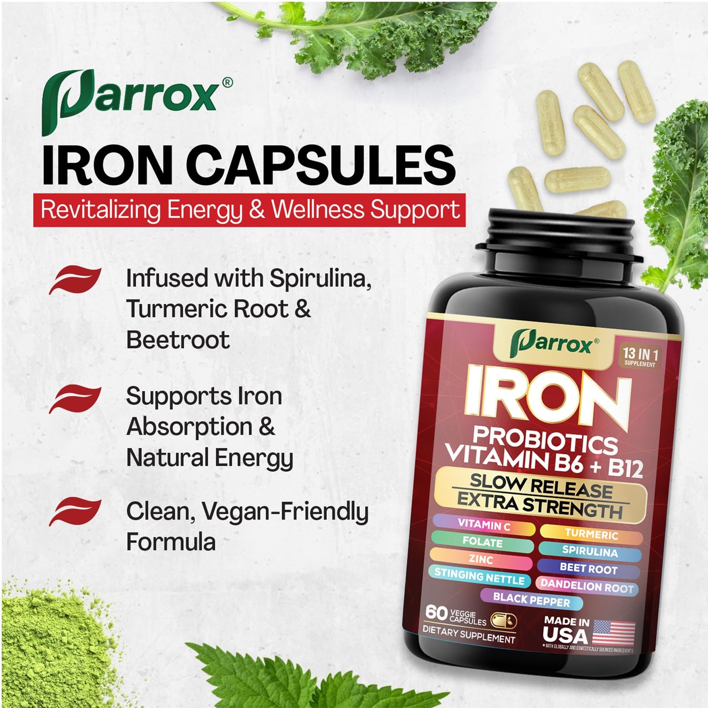 Parrox Iron Supplement – Slow-Release Iron & Probiotics, 60 Vegan Capsules