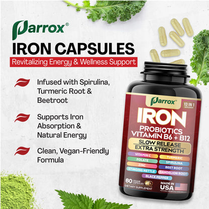 Parrox Iron Supplement – Slow-Release Iron & Probiotics, 60 Vegan Capsules