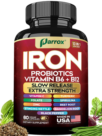 Parrox Iron Supplement – Slow-Release Iron & Probiotics, 60 Vegan Capsules