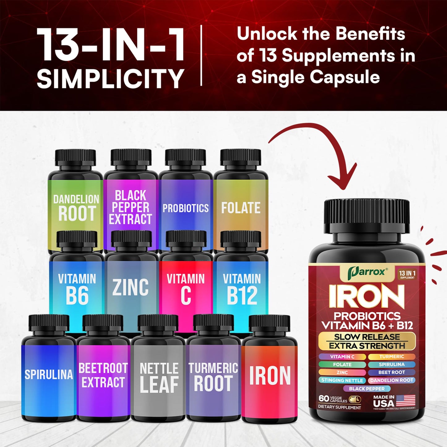 Parrox Iron Supplement – Slow-Release Iron & Probiotics, 60 Vegan Capsules