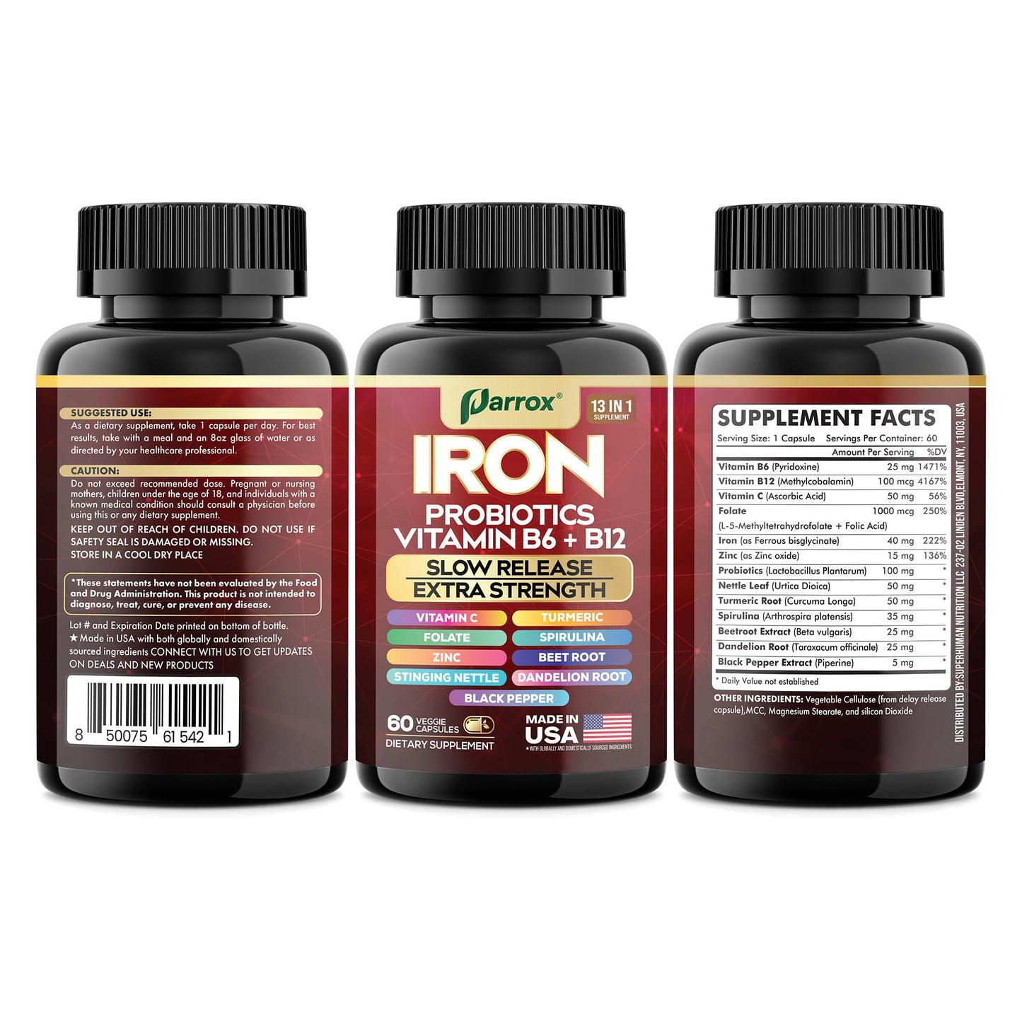 Parrox Iron Supplement – Slow-Release Iron & Probiotics, 60 Vegan Capsules