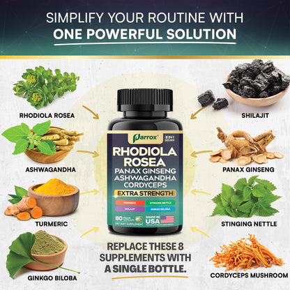 Parrox 8-in-1 Adaptogen Blend Capsules – Rhodiola Rosea, Ginseng, Ashwagandha, Turmeric – 60 Capsules
