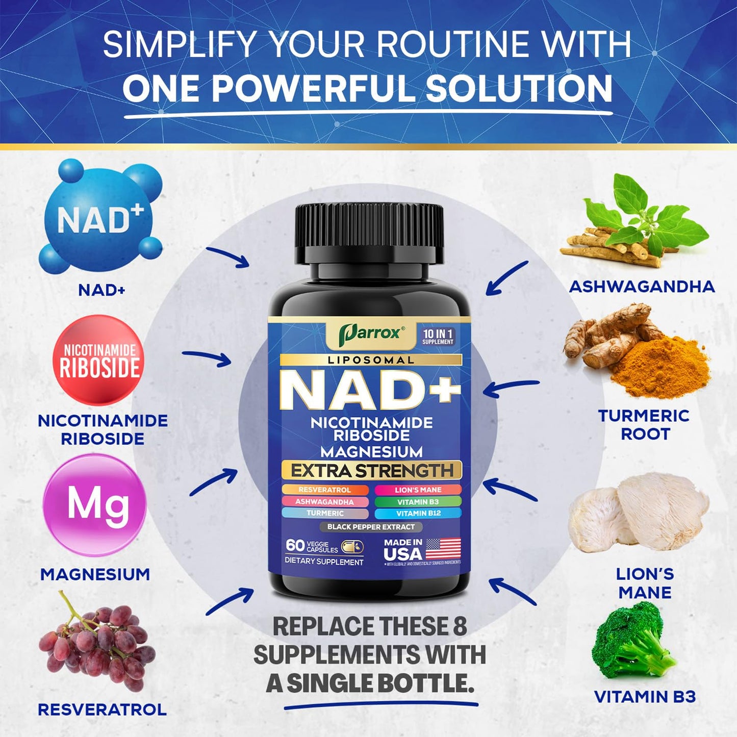 Parrox NAD+ Supplement with Liposomal NAD+ | 10-in-1 Extra Strength (3 Pack)
